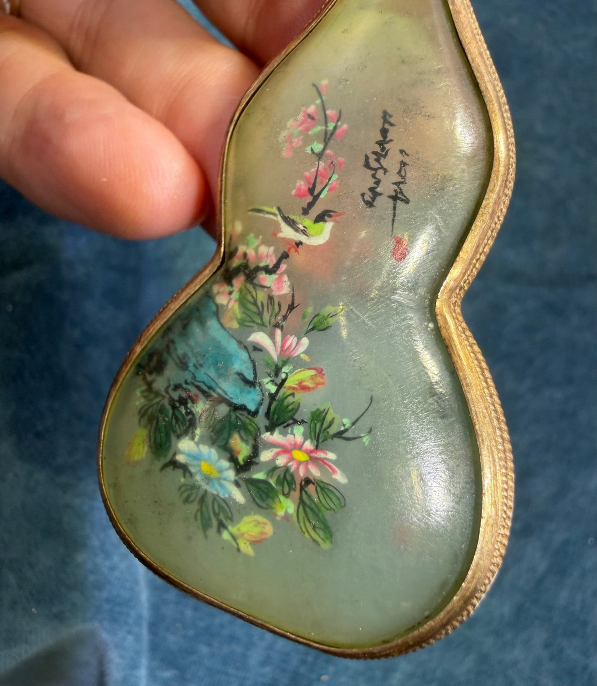 10k Gold Japan Gourd Pendant. 2-Sided Painted Birds + Cherry Blossoms. 2" 12g