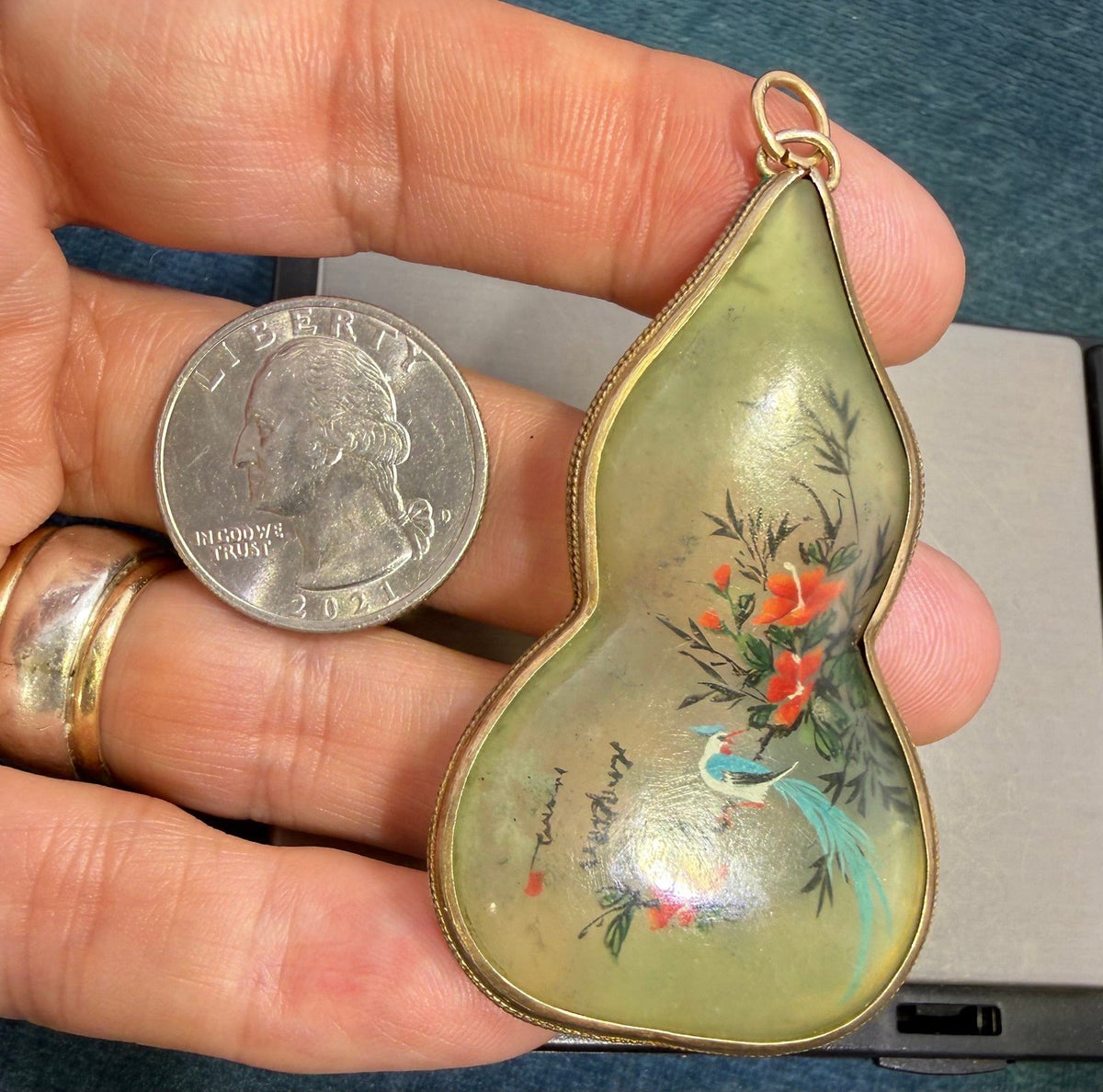 10k Gold Japan Gourd Pendant. 2-Sided Painted Birds + Cherry Blossoms. 2" 12g