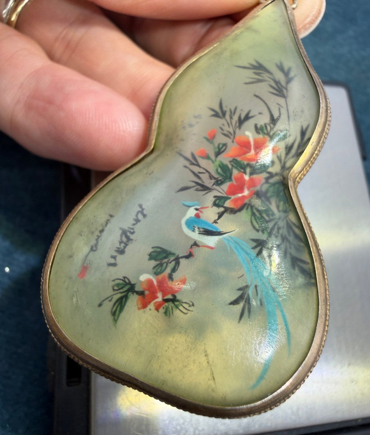 10k Gold Japan Gourd Pendant. 2-Sided Painted Birds + Cherry Blossoms. 2" 12g