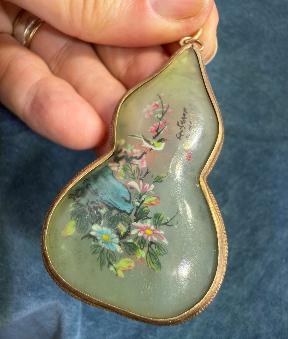 10k Gold Japan Gourd Pendant. 2-Sided Painted Birds + Cherry Blossoms. 2" 12g