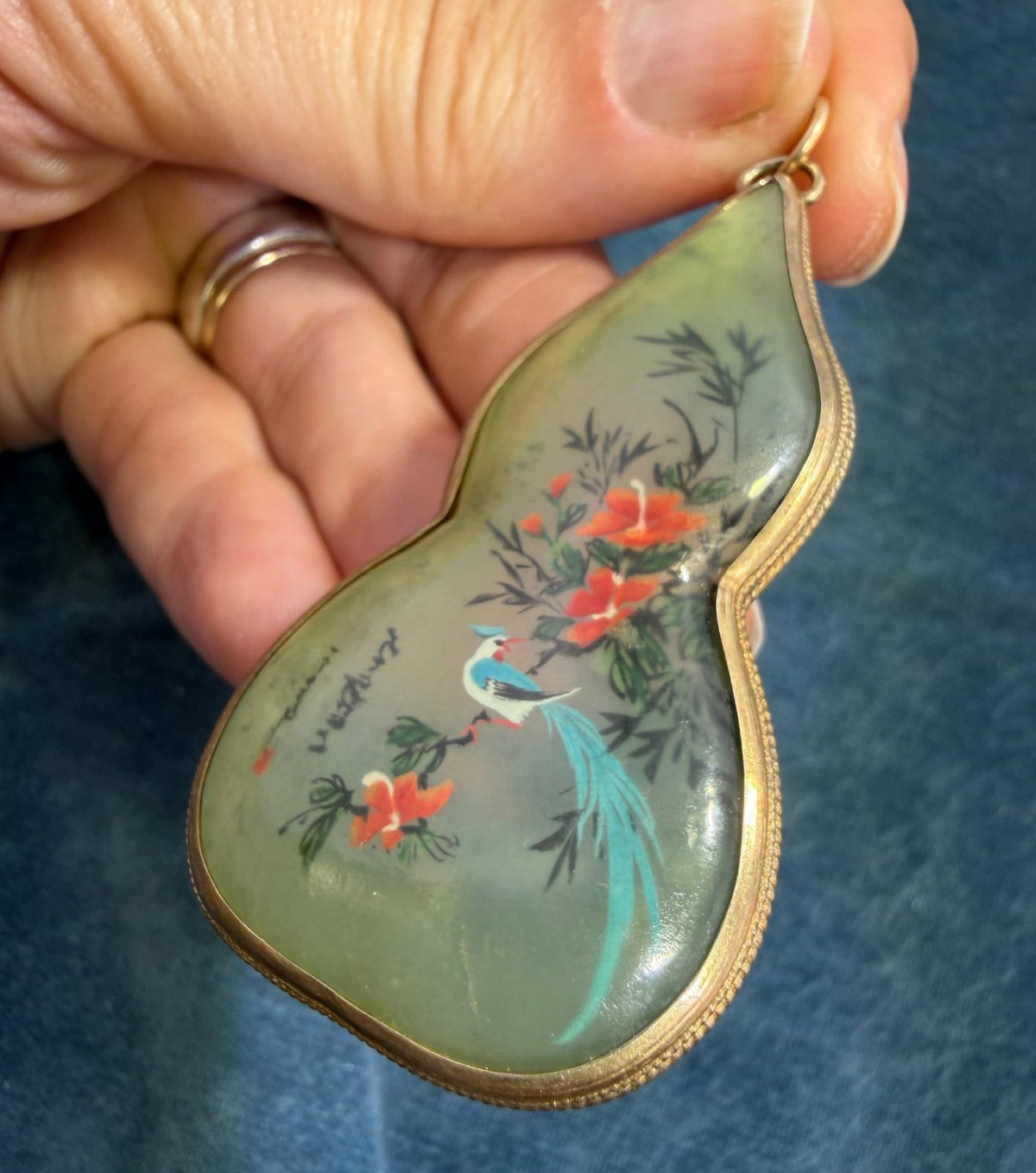 10k Gold Japan Gourd Pendant. 2-Sided Painted Birds + Cherry Blossoms. 2" 12g