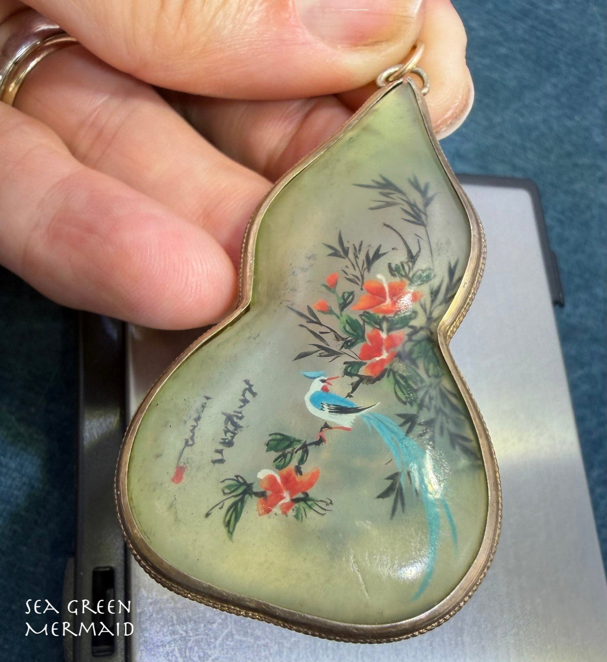 10k Gold Japan Gourd Pendant. 2-Sided Painted Birds + Cherry Blossoms. 2" 12g