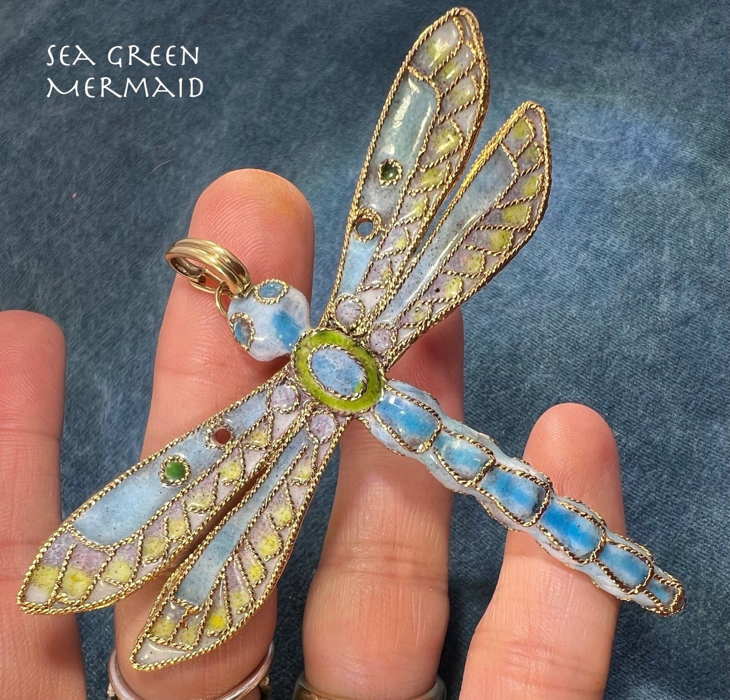 10k Gold Larimar Dragonfly Pendant w Enamel. 3" & 19g