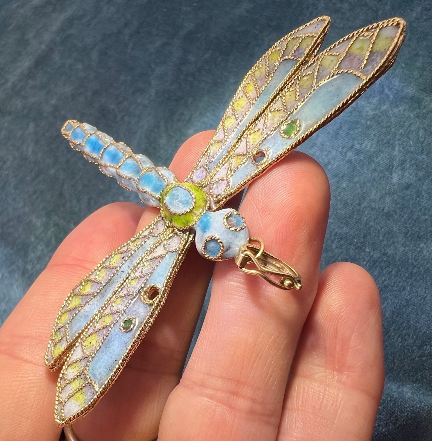 10k Gold Larimar Dragonfly Pendant w Enamel. 3" & 19g