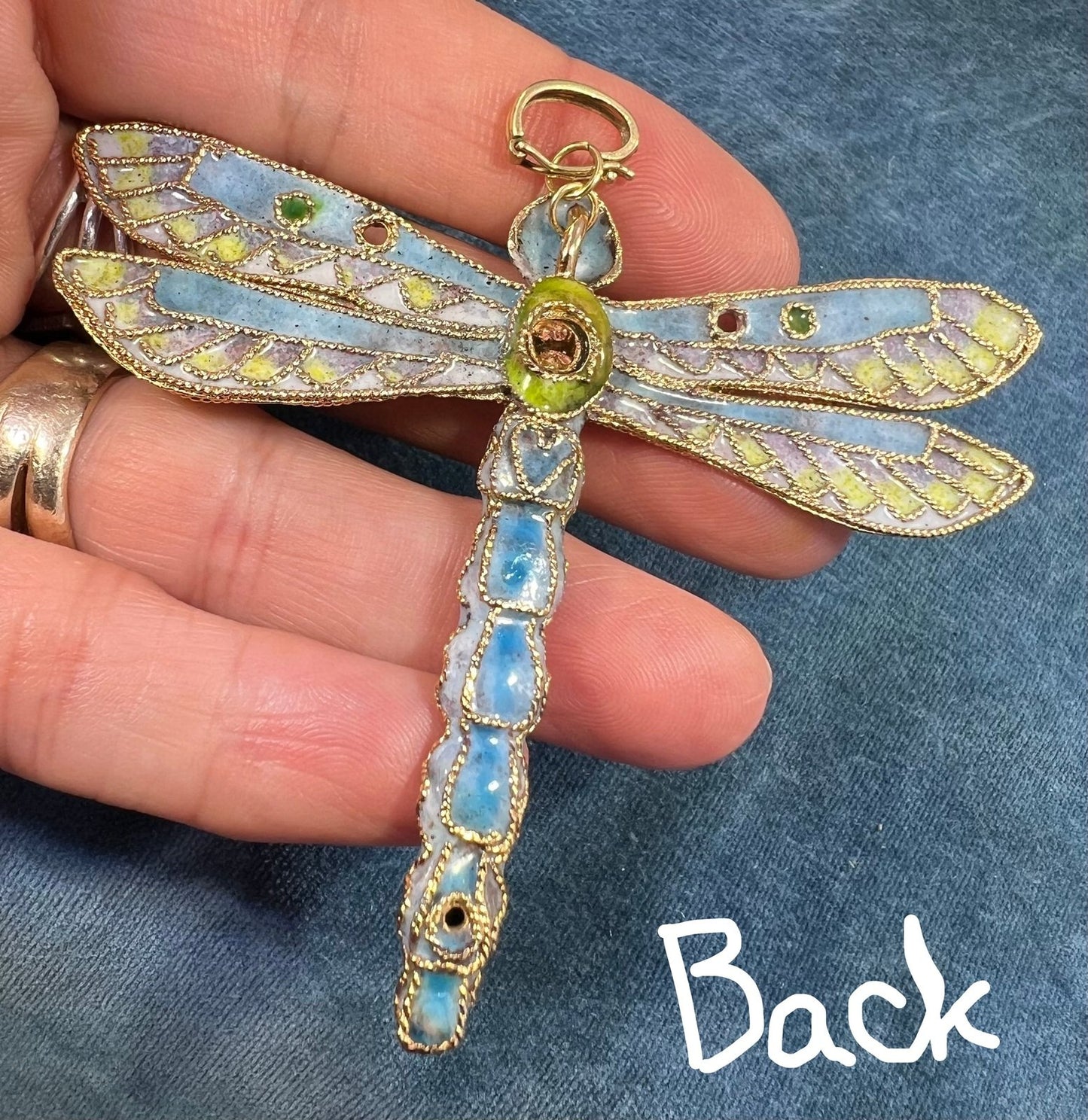 10k Gold Larimar Dragonfly Pendant w Enamel. 3" & 19g