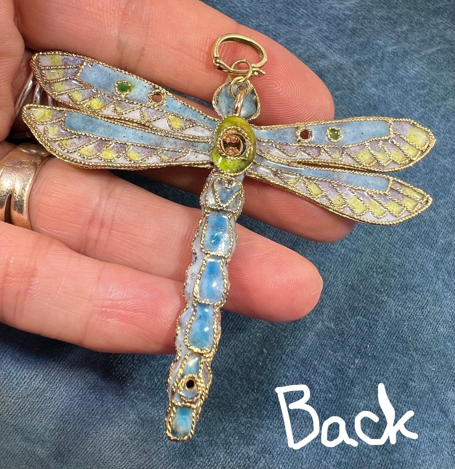 10k Gold Larimar Dragonfly Pendant w Enamel. 3" & 19g
