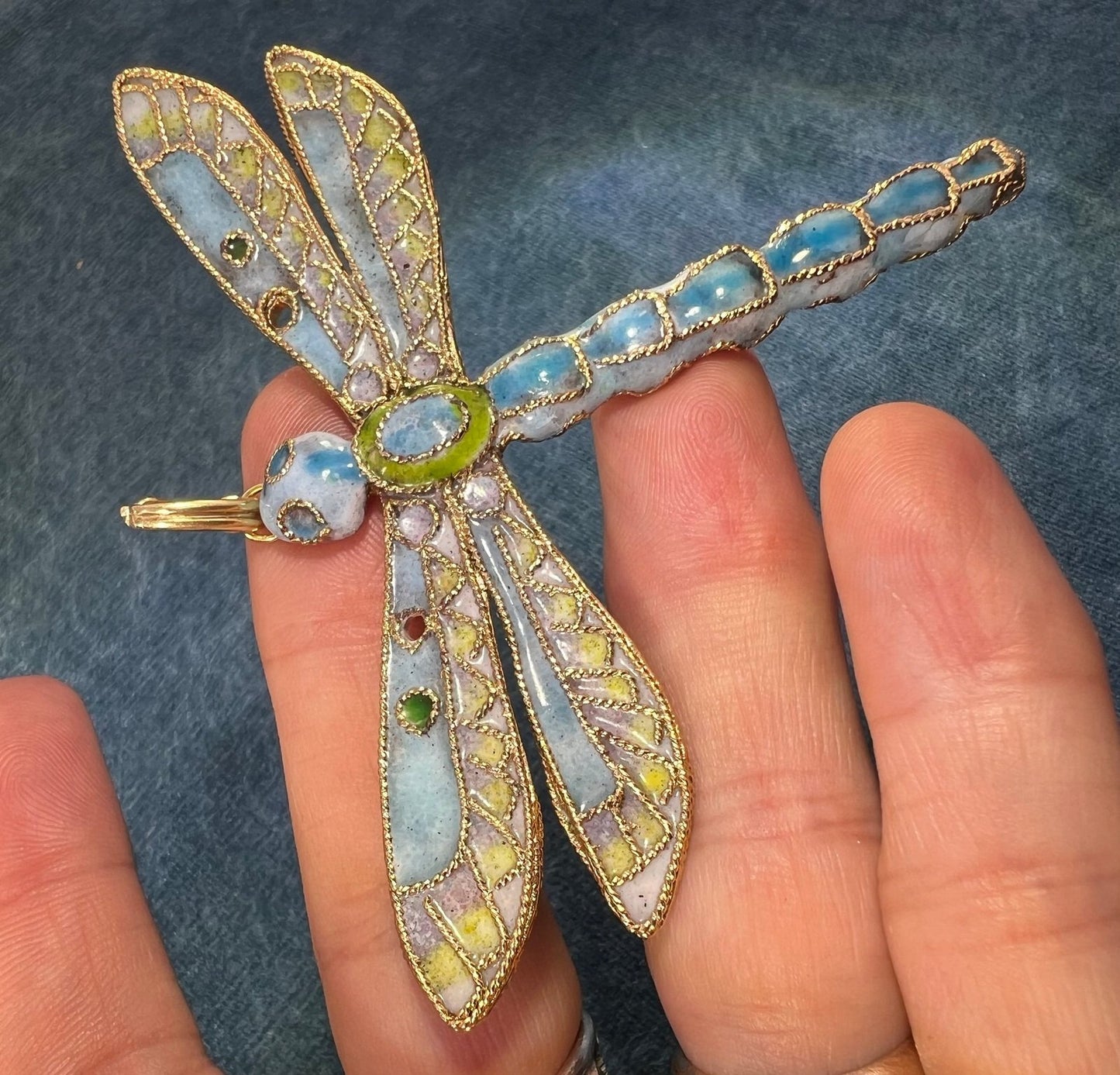 10k Gold Larimar Dragonfly Pendant w Enamel. 3" & 19g