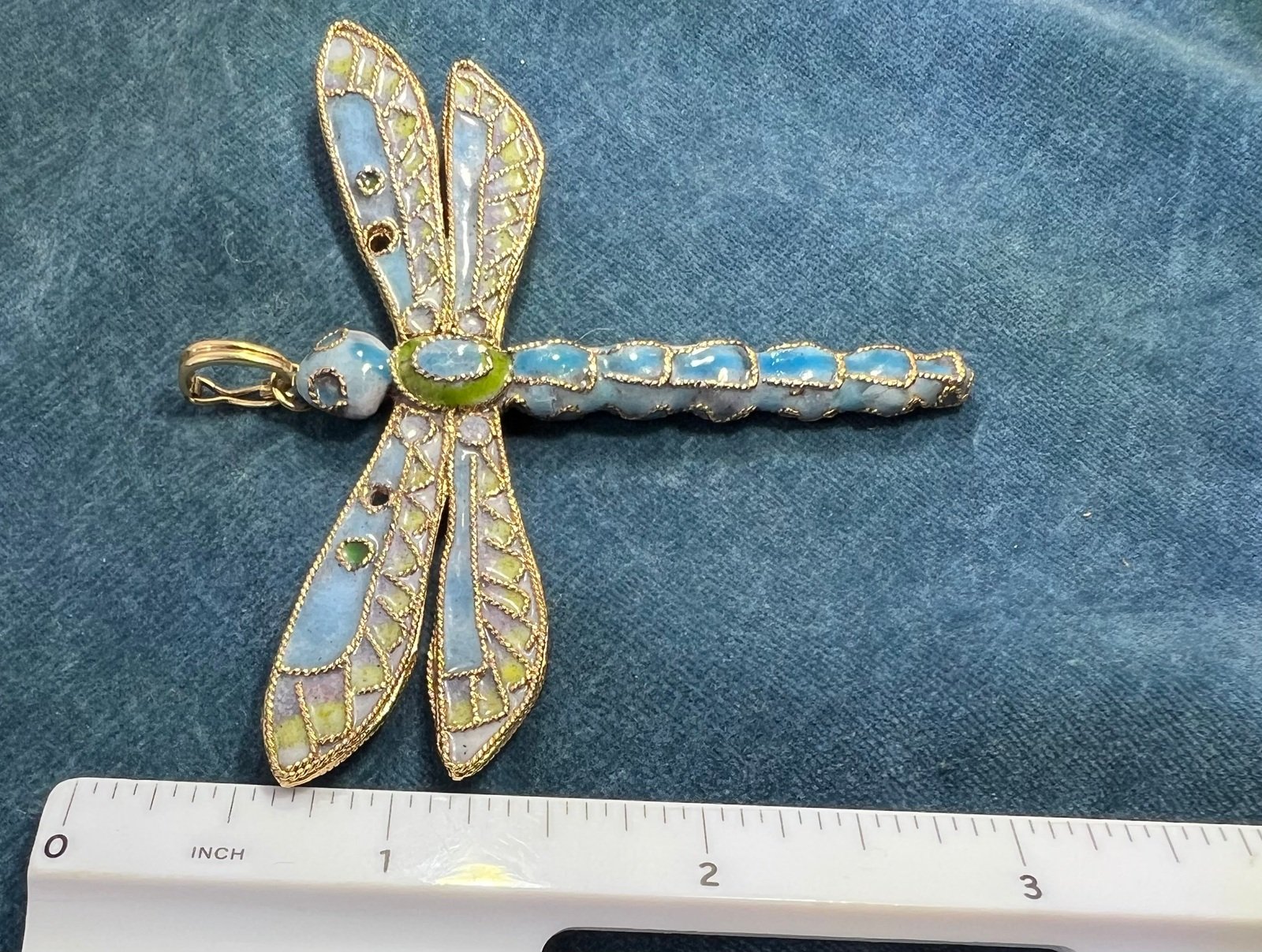 10k Gold Larimar Dragonfly Pendant w Enamel. 3" & 19g
