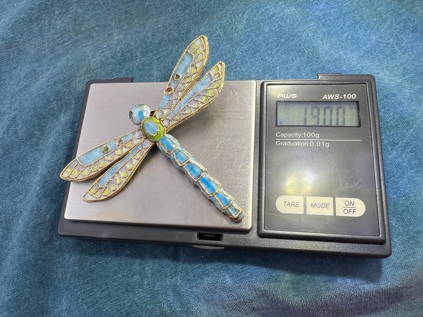 10k Gold Larimar Dragonfly Pendant w Enamel. 3" & 19g