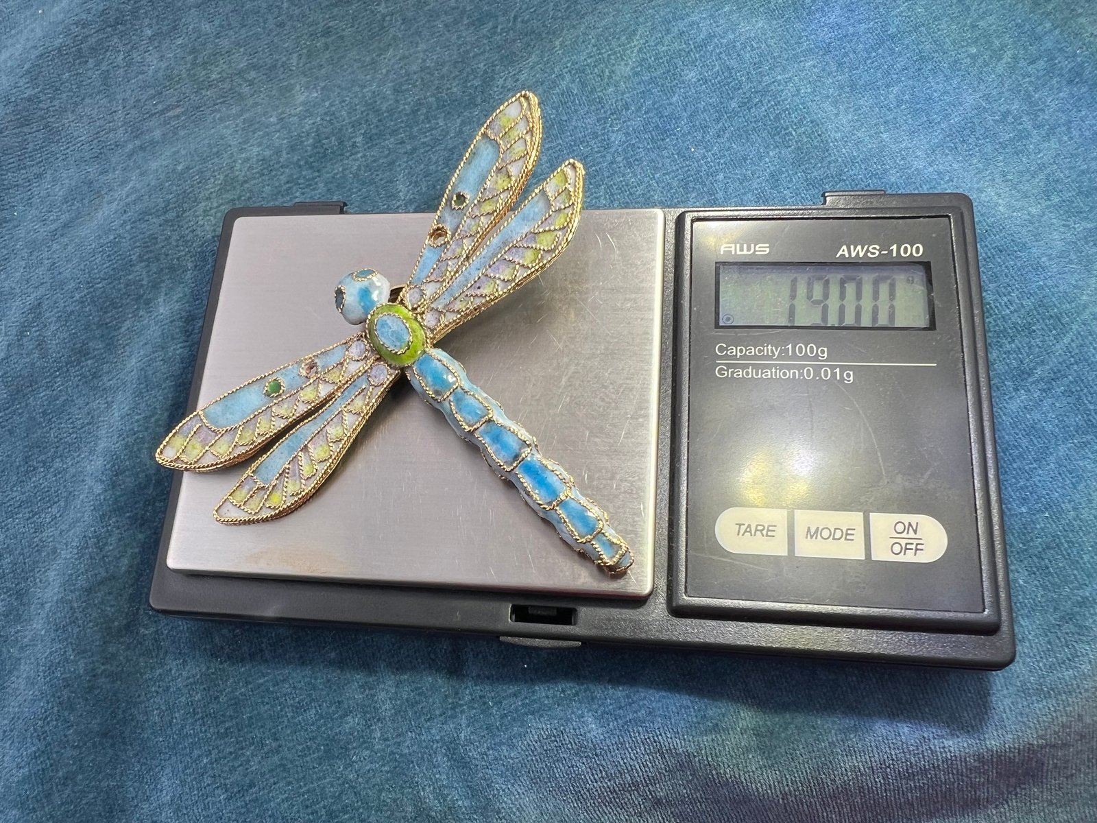10k Gold Larimar Dragonfly Pendant w Enamel. 3" & 19g