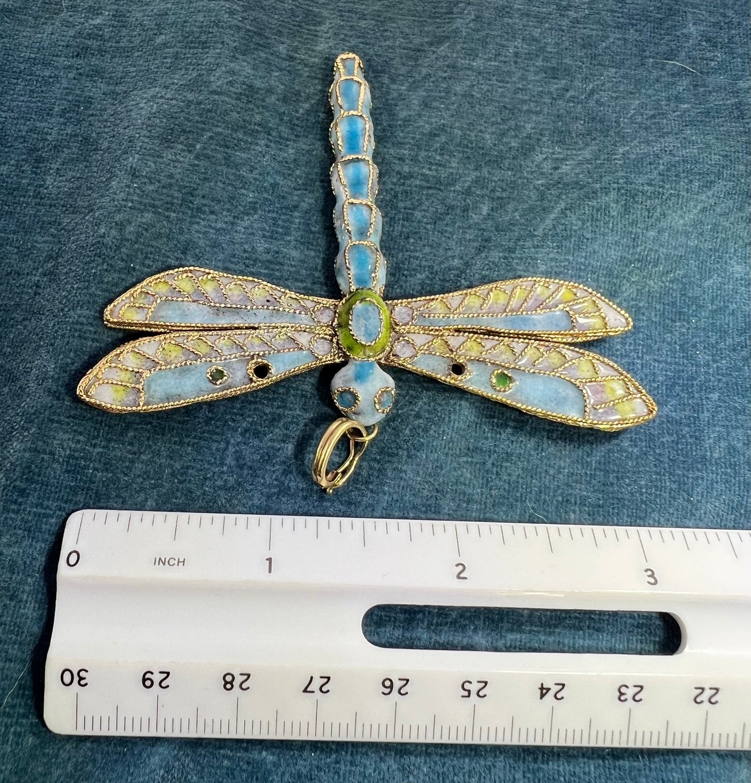 10k Gold Larimar Dragonfly Pendant w Enamel. 3" & 19g
