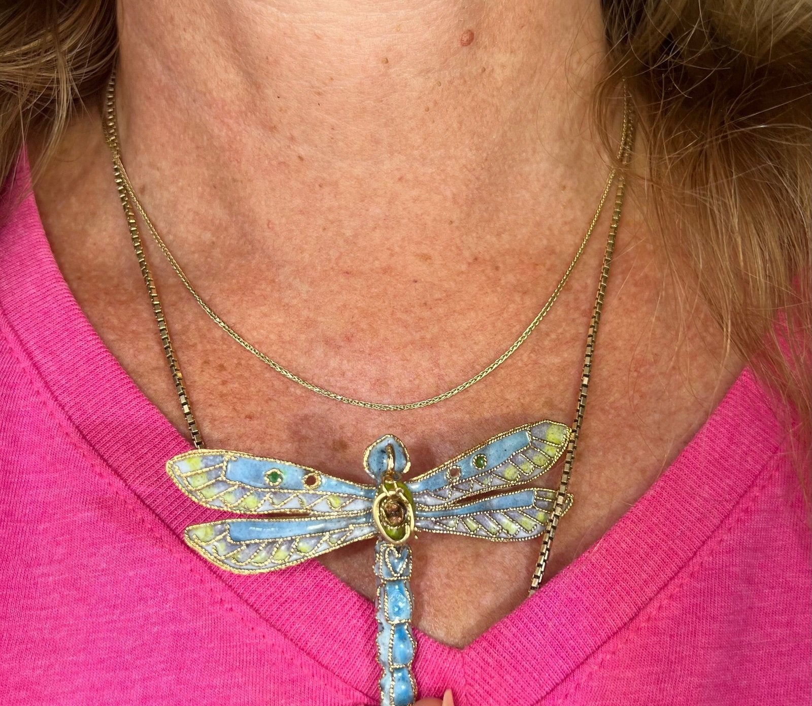 10k Gold Larimar Dragonfly Pendant w Enamel. 3" & 19g