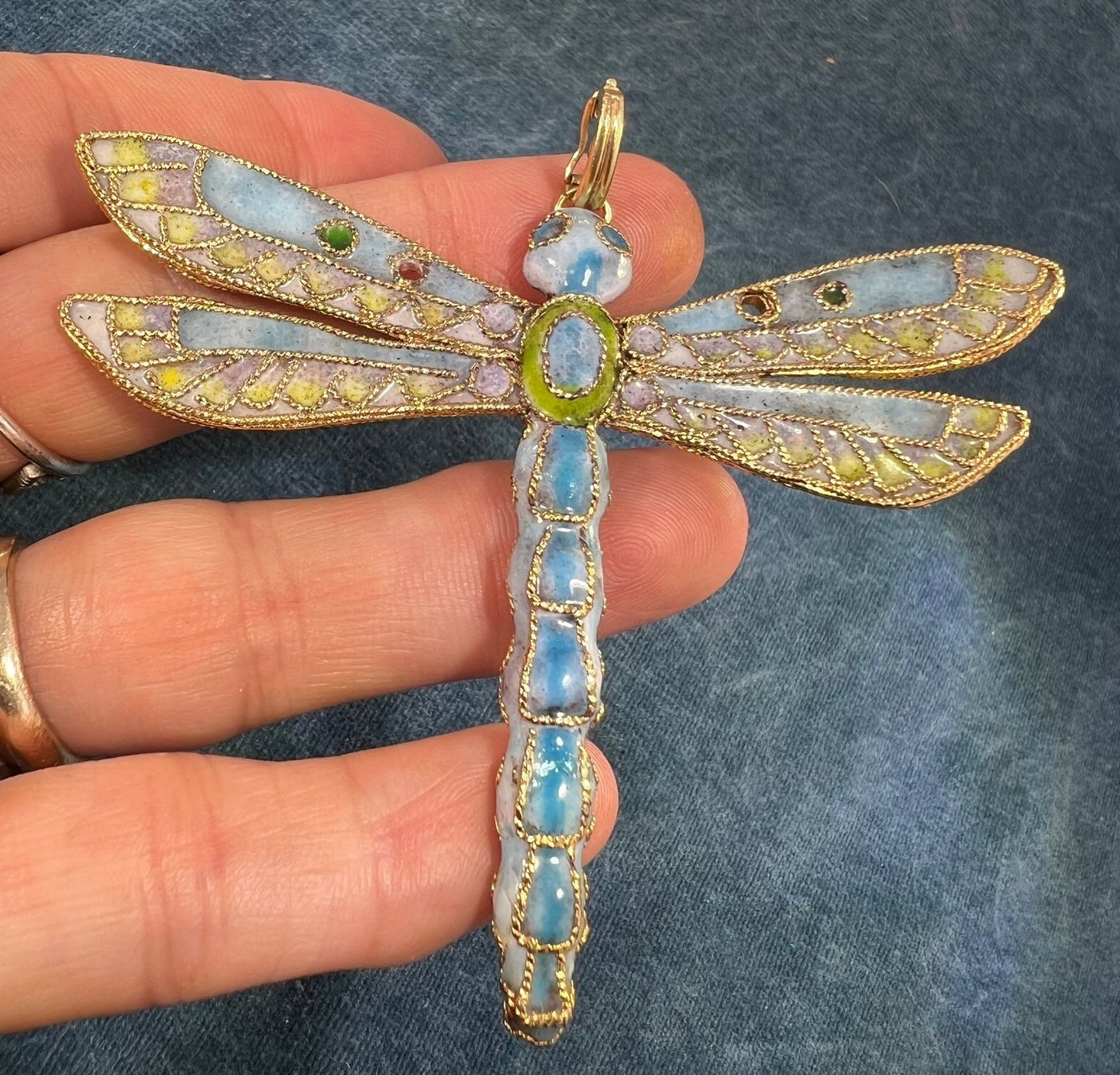 10k Gold Larimar Dragonfly Pendant w Enamel. 3" & 19g