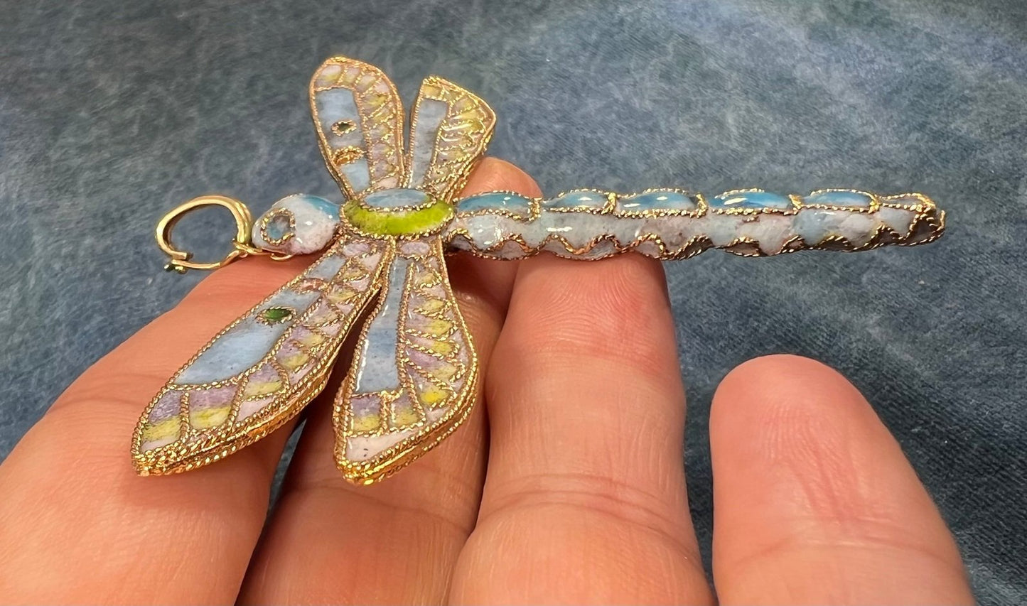 10k Gold Larimar Dragonfly Pendant w Enamel. 3" & 19g