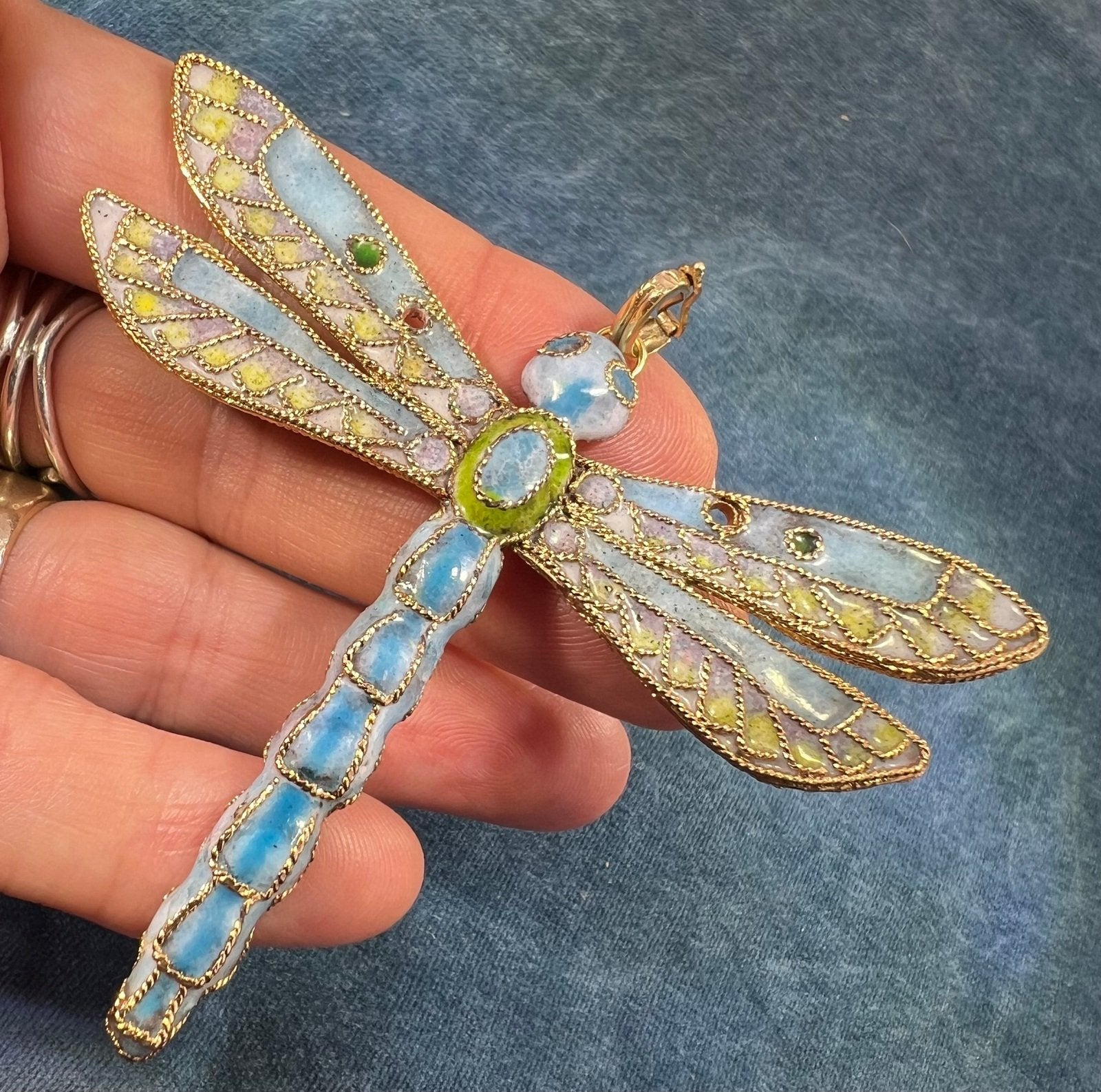10k Gold Larimar Dragonfly Pendant w Enamel. 3" & 19g