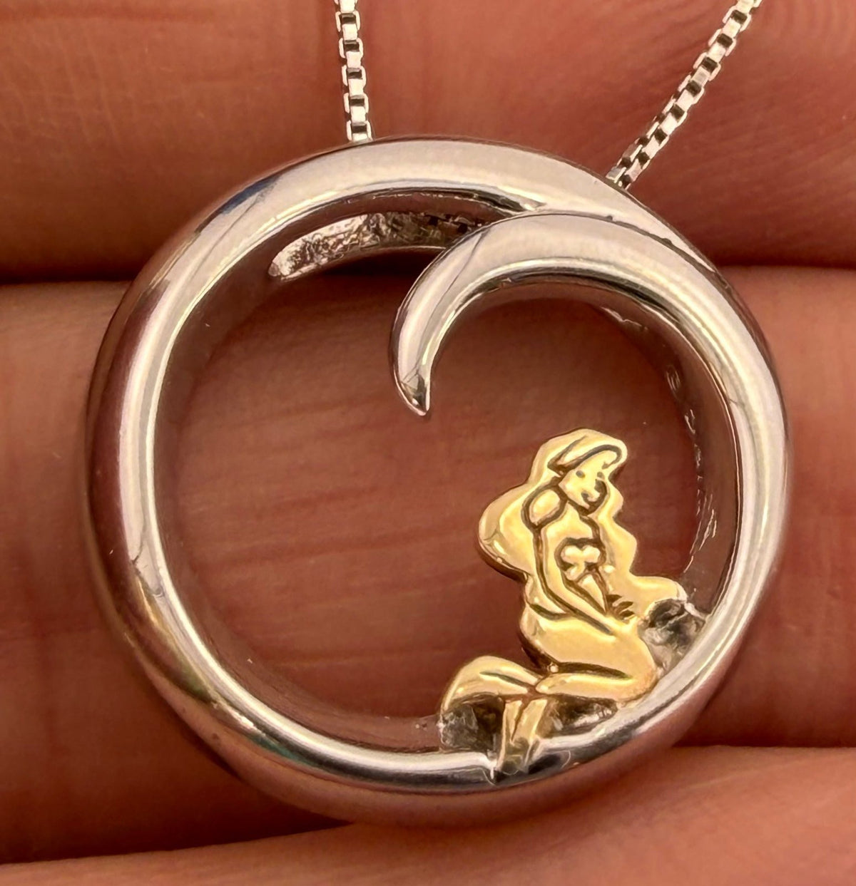 10k Gold Little Mermaid in Silver Ocean Wave Circle Pendant. Free Chain