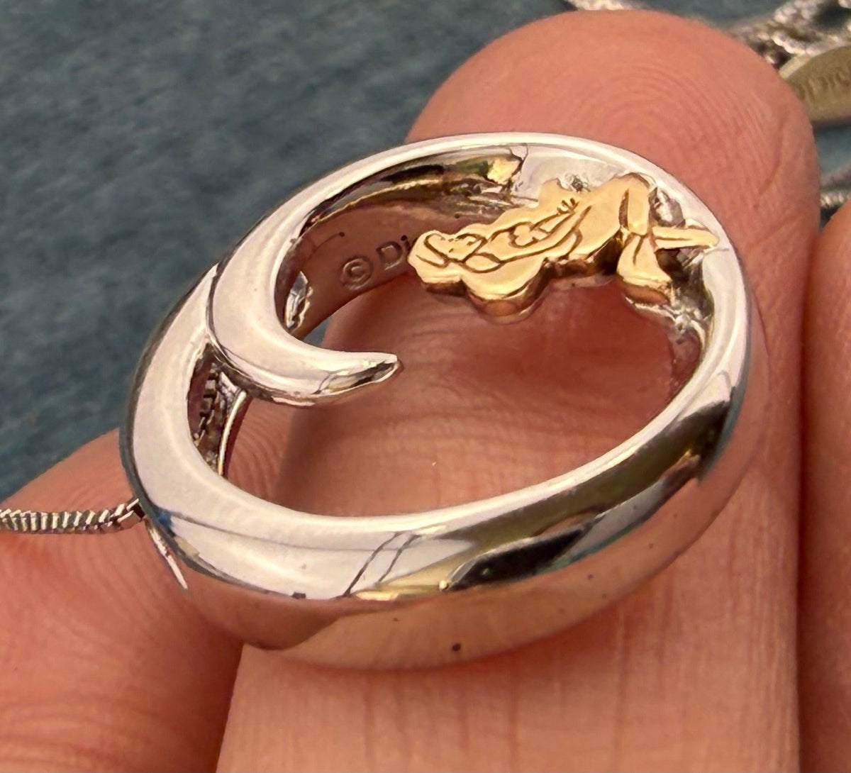 10k Gold Little Mermaid in Silver Ocean Wave Circle Pendant. Free Chain