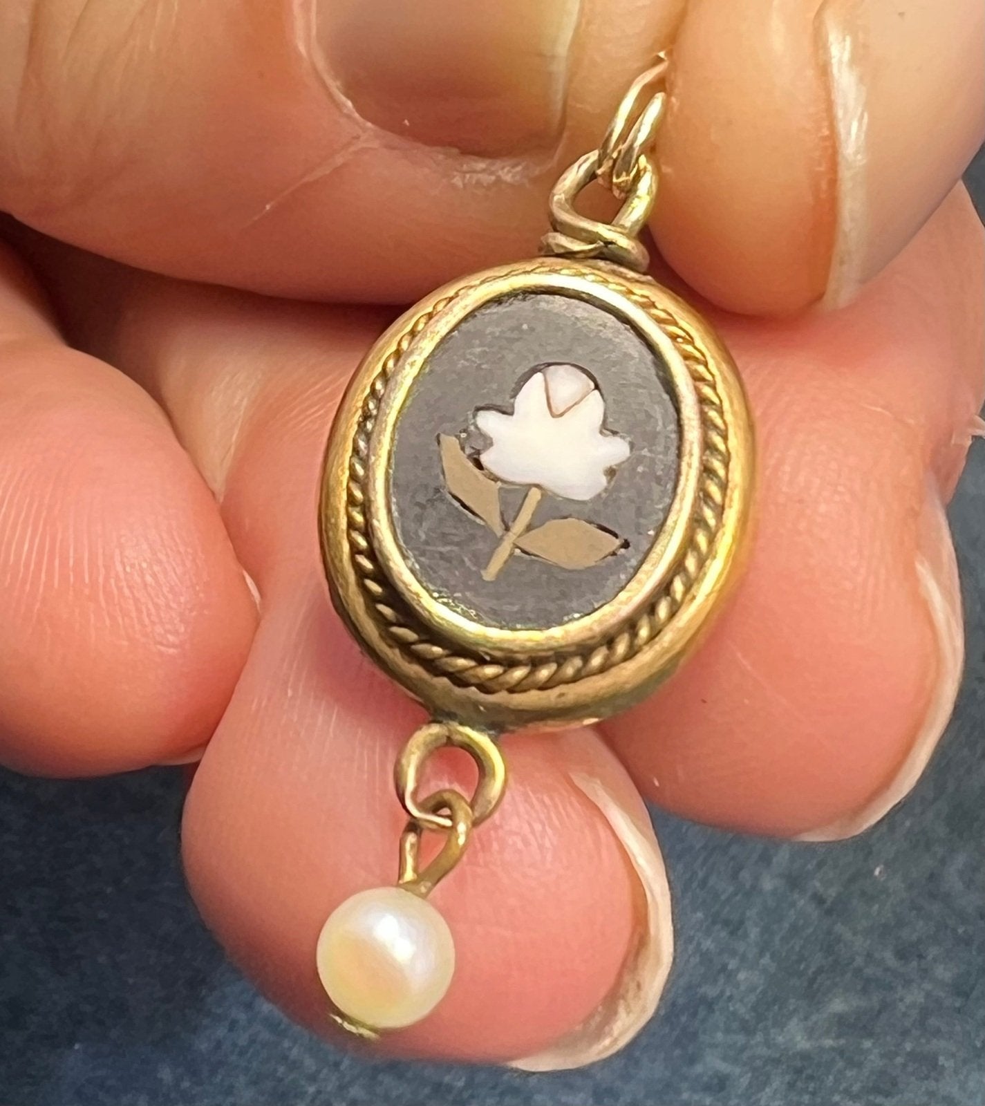 10k Gold Mosaic Italian Pietra Dura Flower Pendant w Pearl Dangle. 1"
