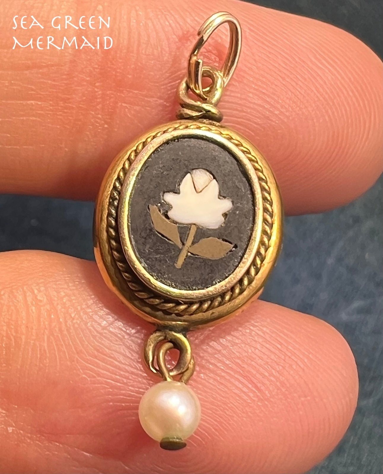 10k Gold Mosaic Italian Pietra Dura Flower Pendant w Pearl Dangle. 1"