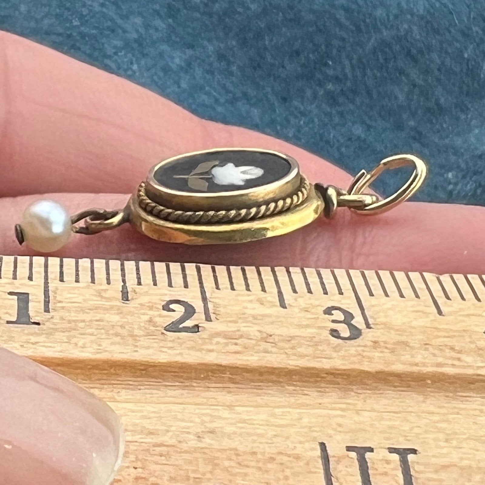 10k Gold Mosaic Italian Pietra Dura Flower Pendant w Pearl Dangle. 1"