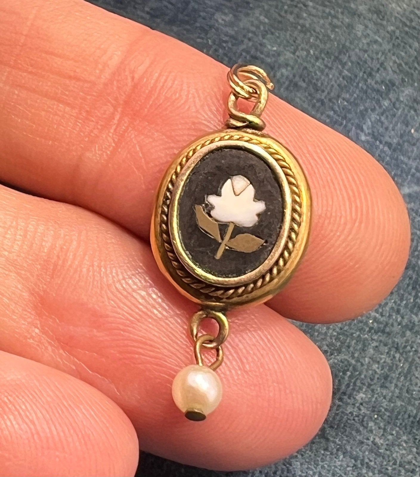 10k Gold Mosaic Italian Pietra Dura Flower Pendant w Pearl Dangle. 1"