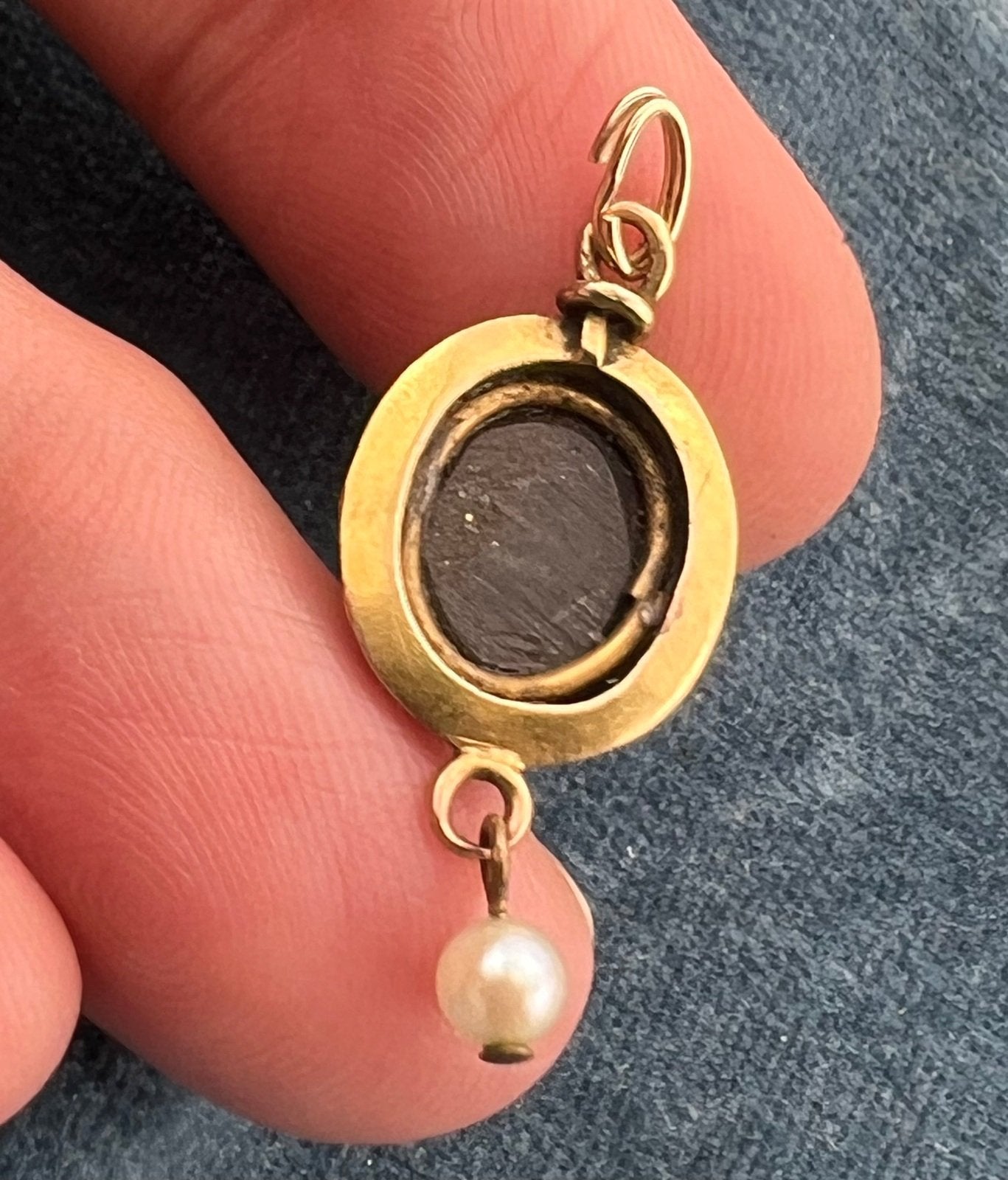 10k Gold Mosaic Italian Pietra Dura Flower Pendant w Pearl Dangle. 1"