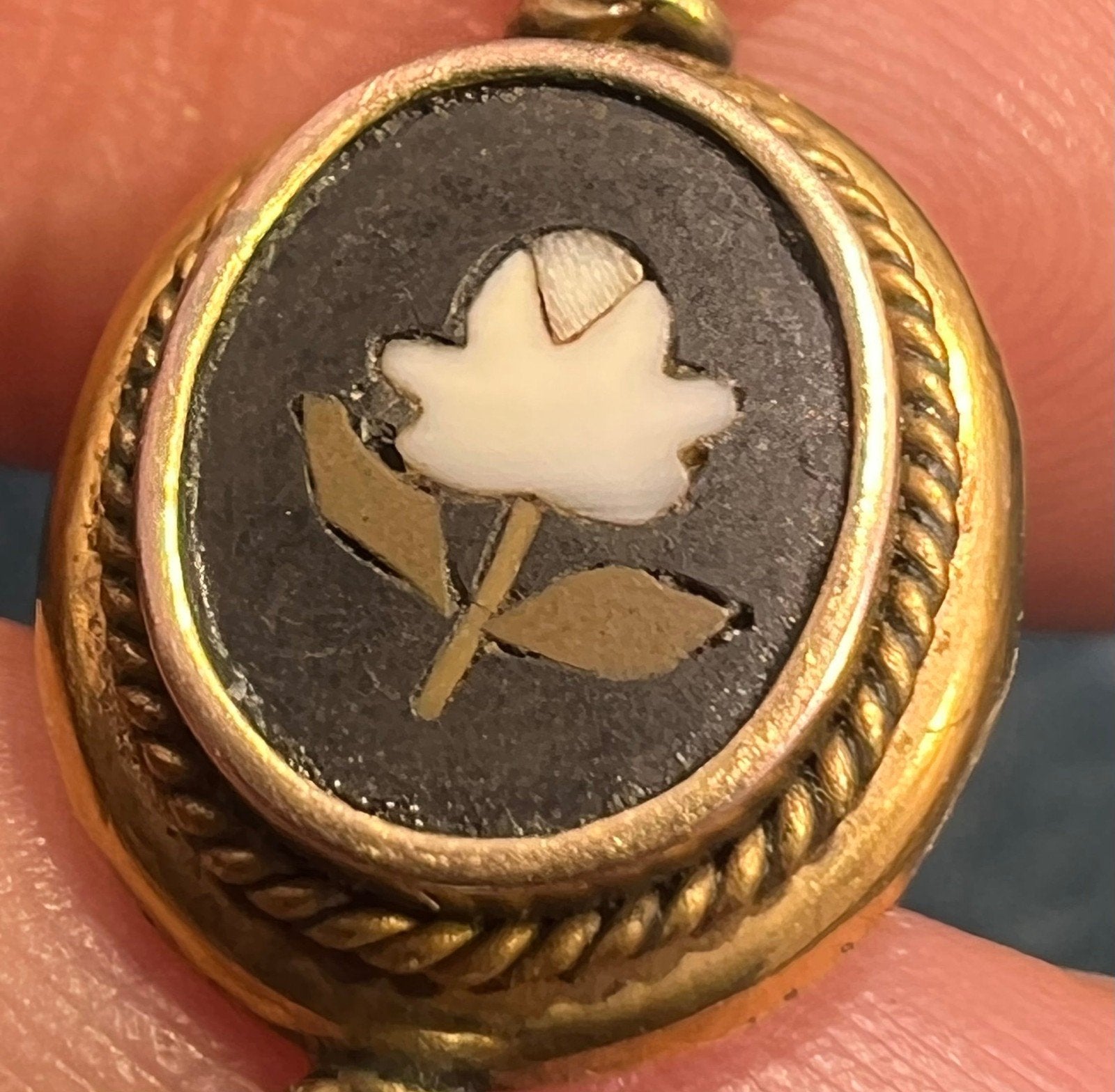 10k Gold Mosaic Italian Pietra Dura Flower Pendant w Pearl Dangle. 1"