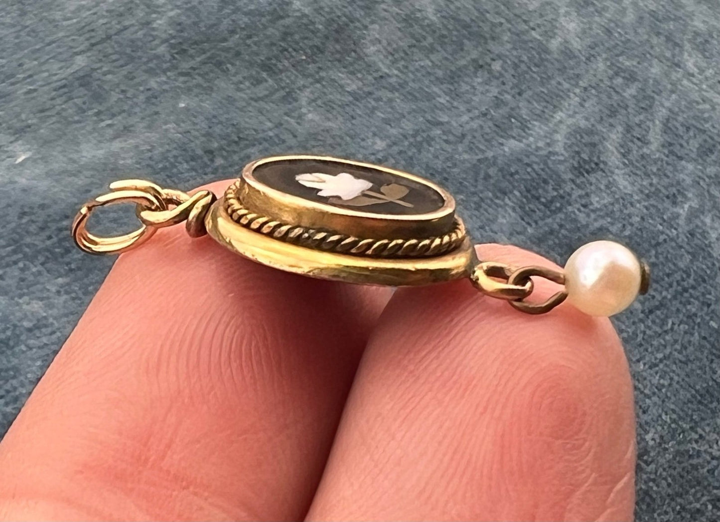 10k Gold Mosaic Italian Pietra Dura Flower Pendant w Pearl Dangle. 1"