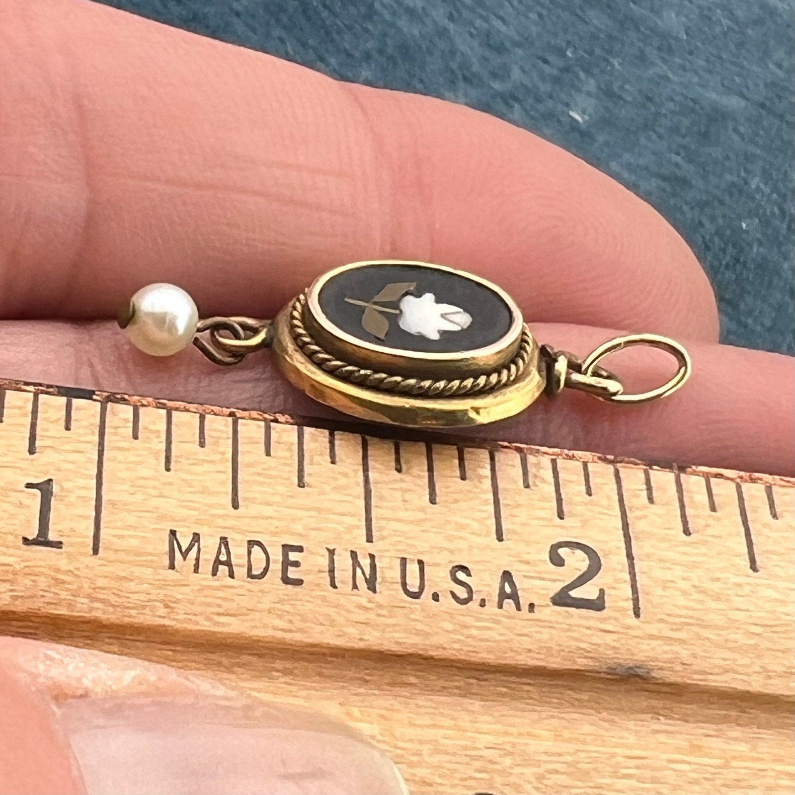 10k Gold Mosaic Italian Pietra Dura Flower Pendant w Pearl Dangle. 1"