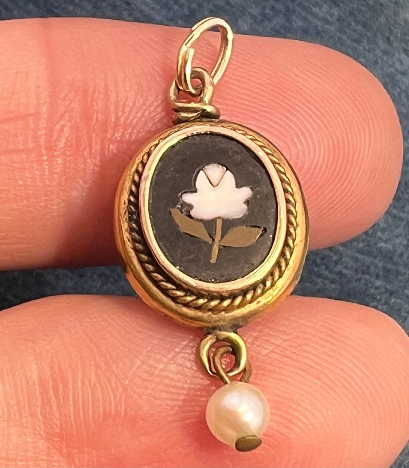 10k Gold Mosaic Italian Pietra Dura Flower Pendant w Pearl Dangle. 1"
