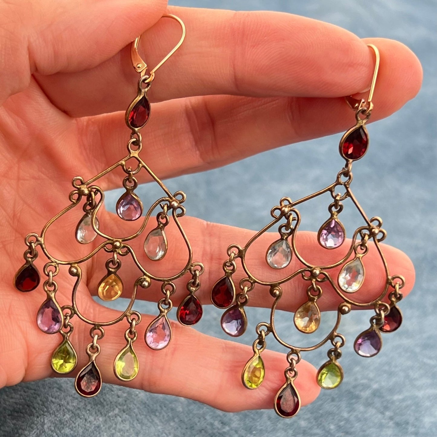 10k Gold Multi-Gem Chandelier Leverback Earrings. 3" + 10g. Garnet Topaz Amethyst