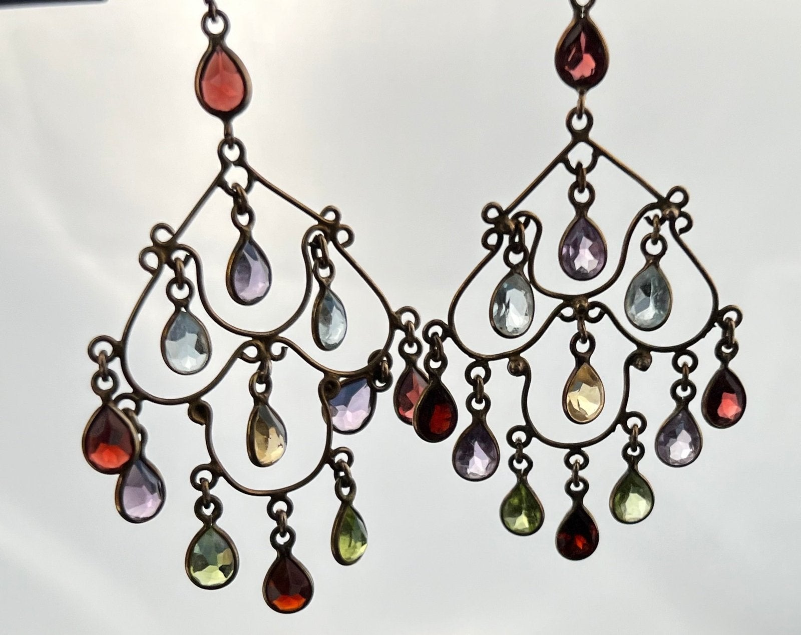 10k Gold Multi-Gem Chandelier Leverback Earrings. 3" + 10g. Garnet Topaz Amethyst