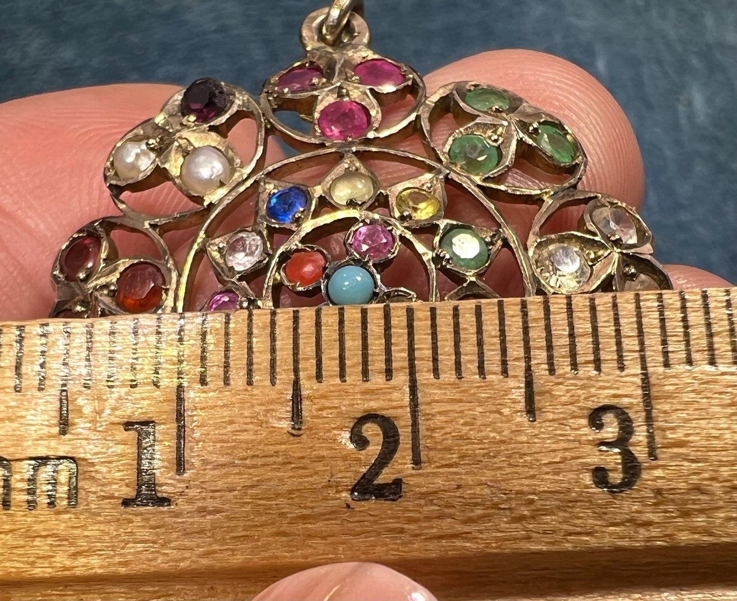 10k Gold Navaratna Mandala Pendant. 2" Natural + Lab Multi-Gems