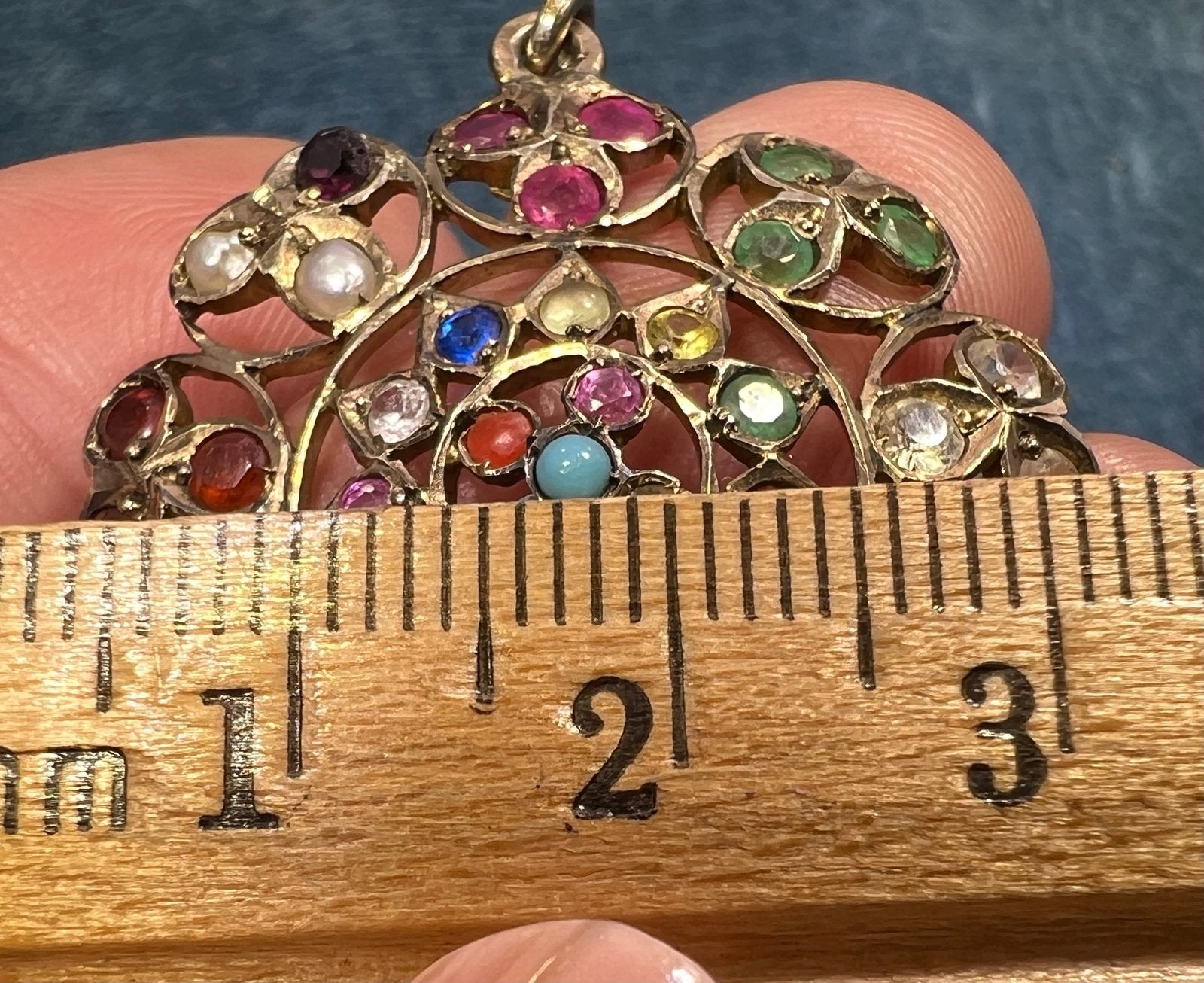 10k Gold Navaratna Mandala Pendant. 2" Natural + Lab Multi-Gems