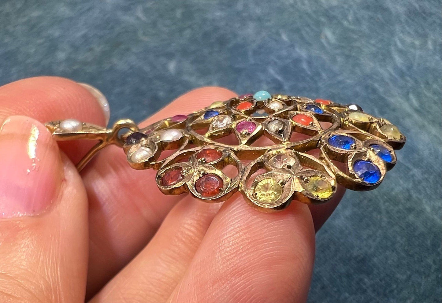 10k Gold Navaratna Mandala Pendant. 2" Natural + Lab Multi-Gems