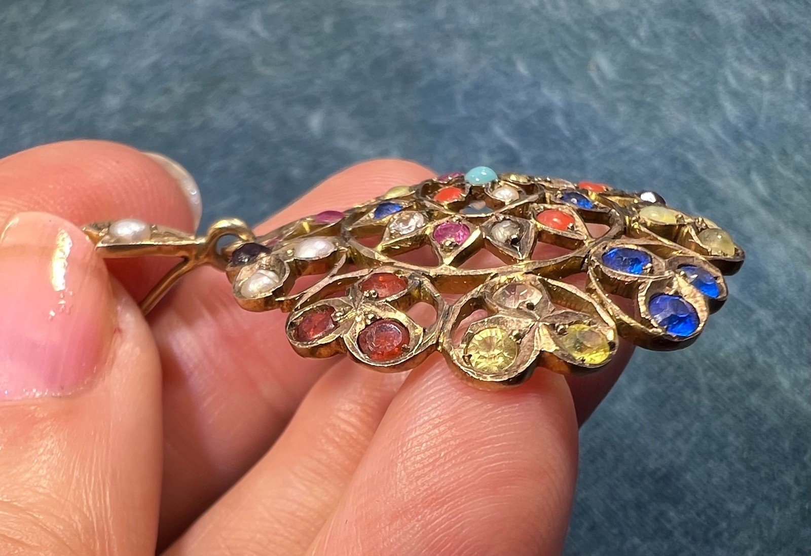 10k Gold Navaratna Mandala Pendant. 2" Natural + Lab Multi-Gems