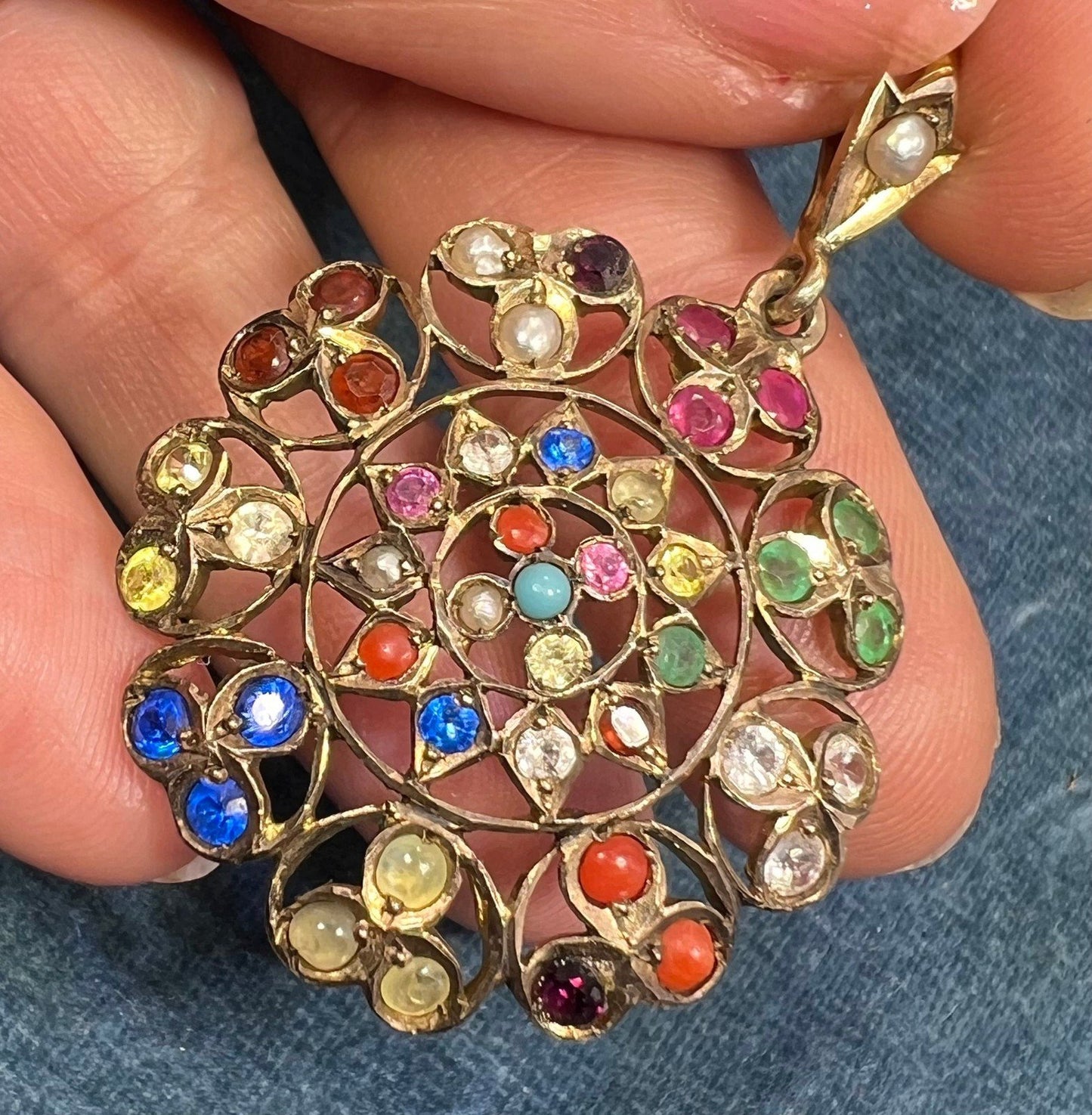 10k Gold Navaratna Mandala Pendant. 2" Natural + Lab Multi-Gems