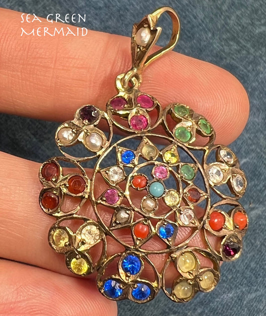 10k Gold Navaratna Mandala Pendant. 2" Natural + Lab Multi-Gems