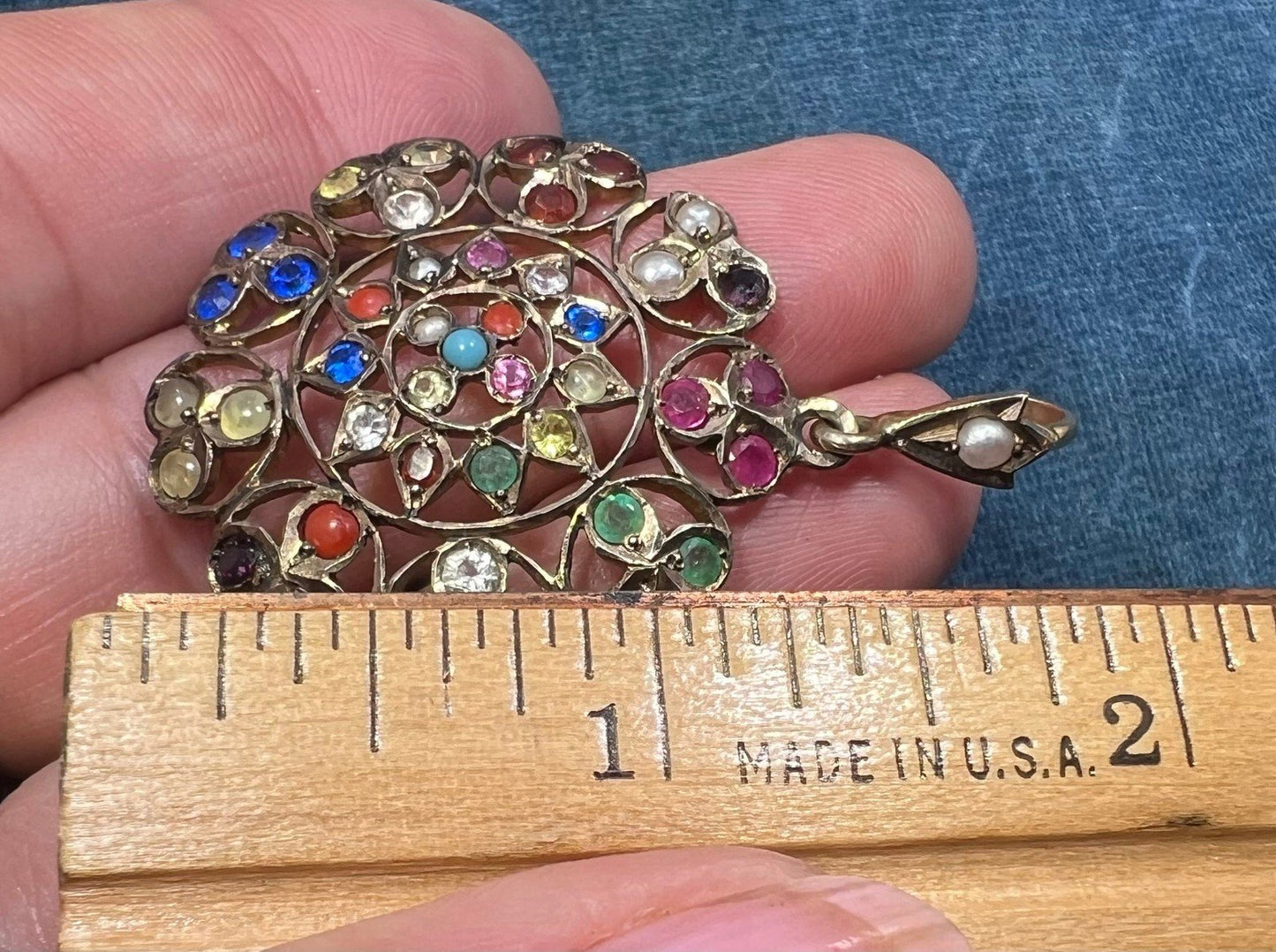 10k Gold Navaratna Mandala Pendant. 2" Natural + Lab Multi-Gems