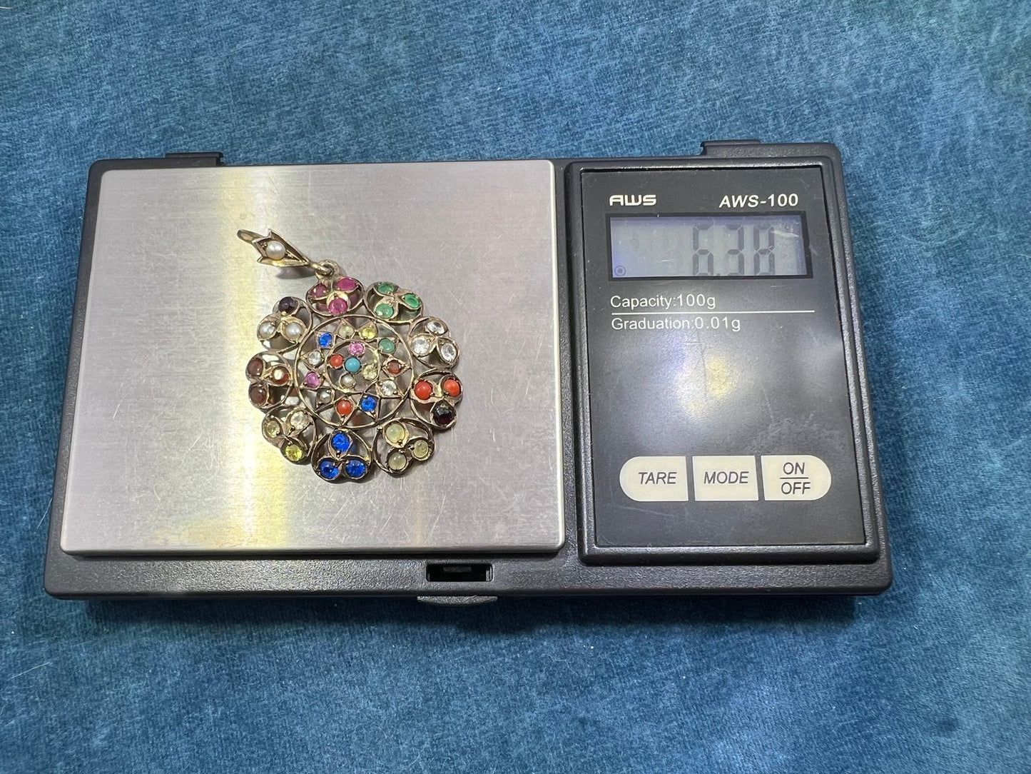 10k Gold Navaratna Mandala Pendant. 2" Natural + Lab Multi-Gems