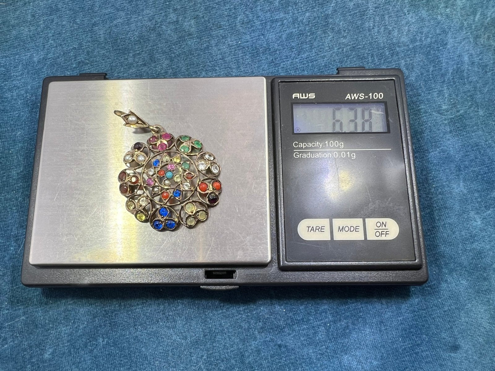 10k Gold Navaratna Mandala Pendant. 2" Natural + Lab Multi-Gems