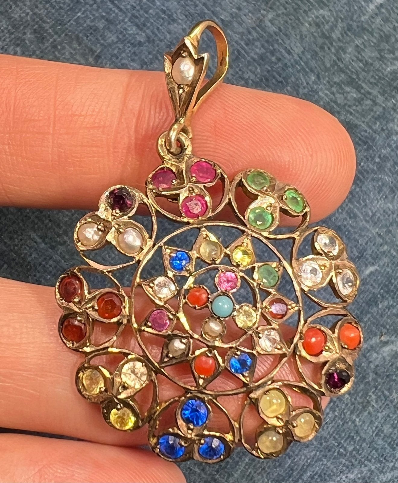 10k Gold Navaratna Mandala Pendant. 2" Natural + Lab Multi-Gems