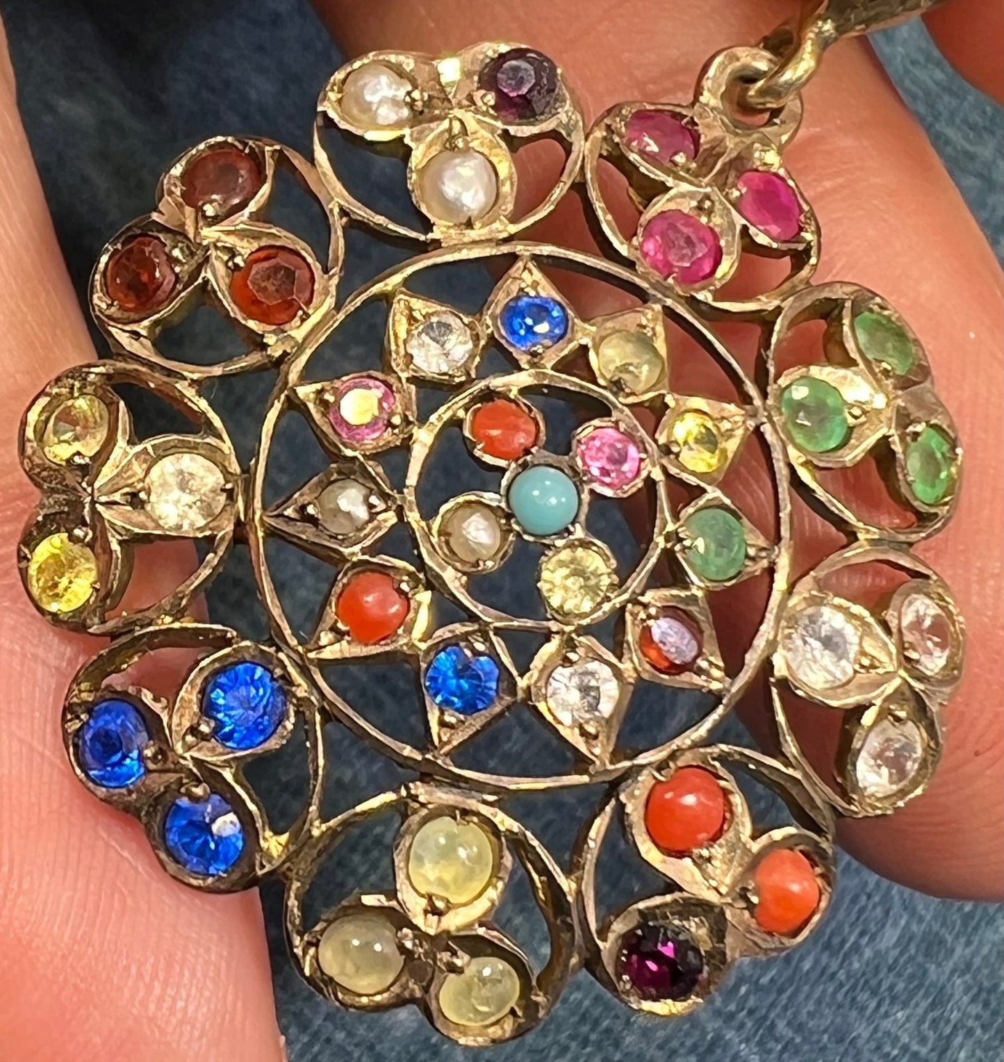 10k Gold Navaratna Mandala Pendant. 2" Natural + Lab Multi-Gems