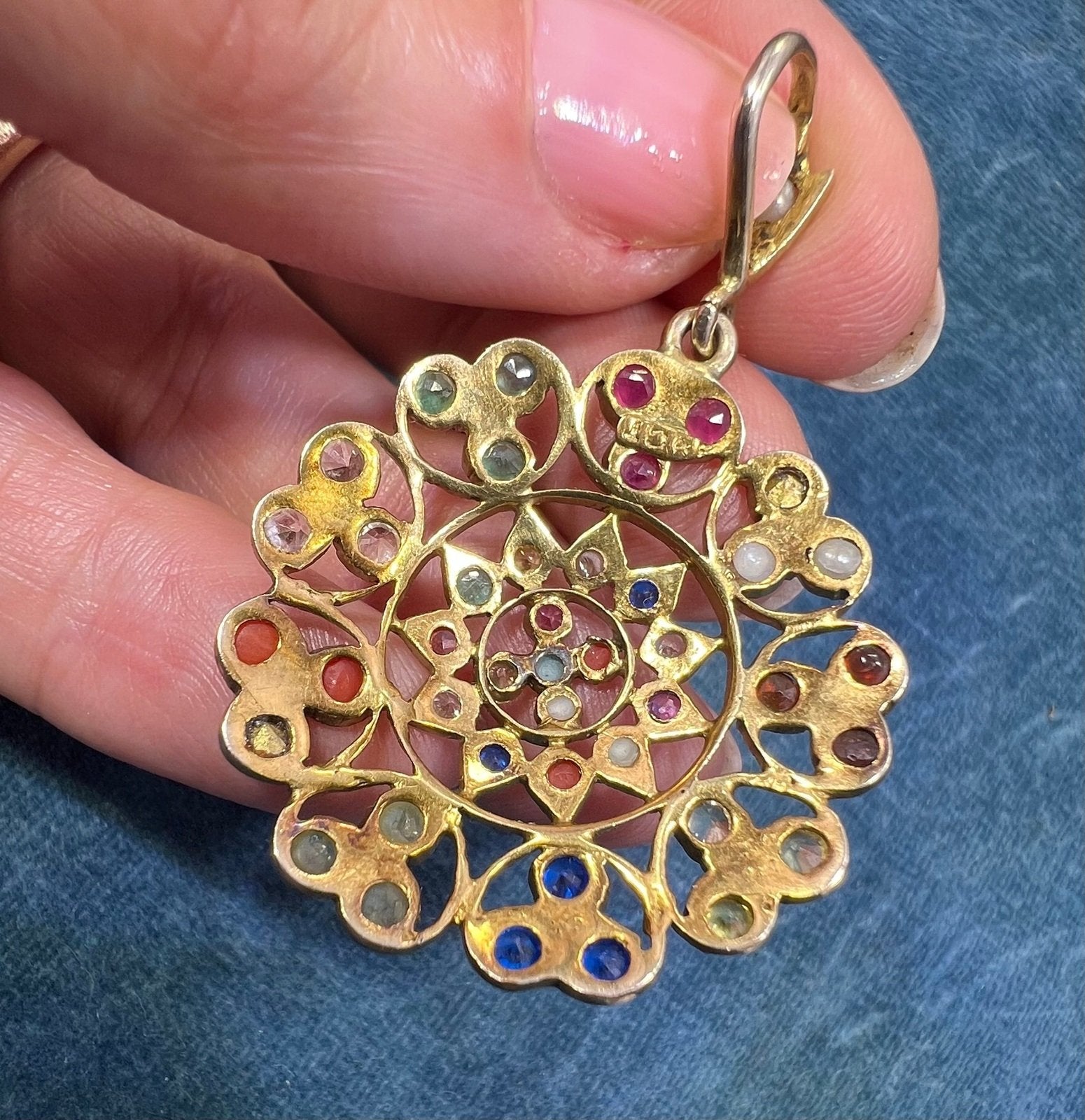 10k Gold Navaratna Mandala Pendant. 2" Natural + Lab Multi-Gems