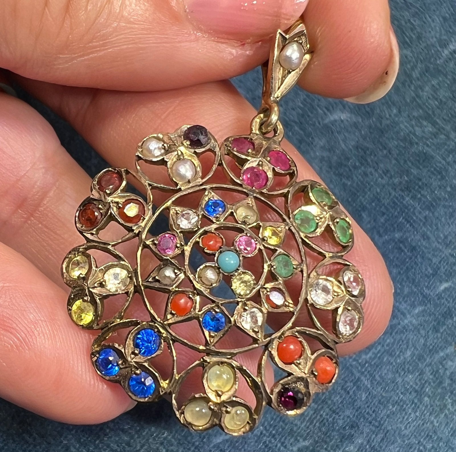 10k Gold Navaratna Mandala Pendant. 2" Natural + Lab Multi-Gems