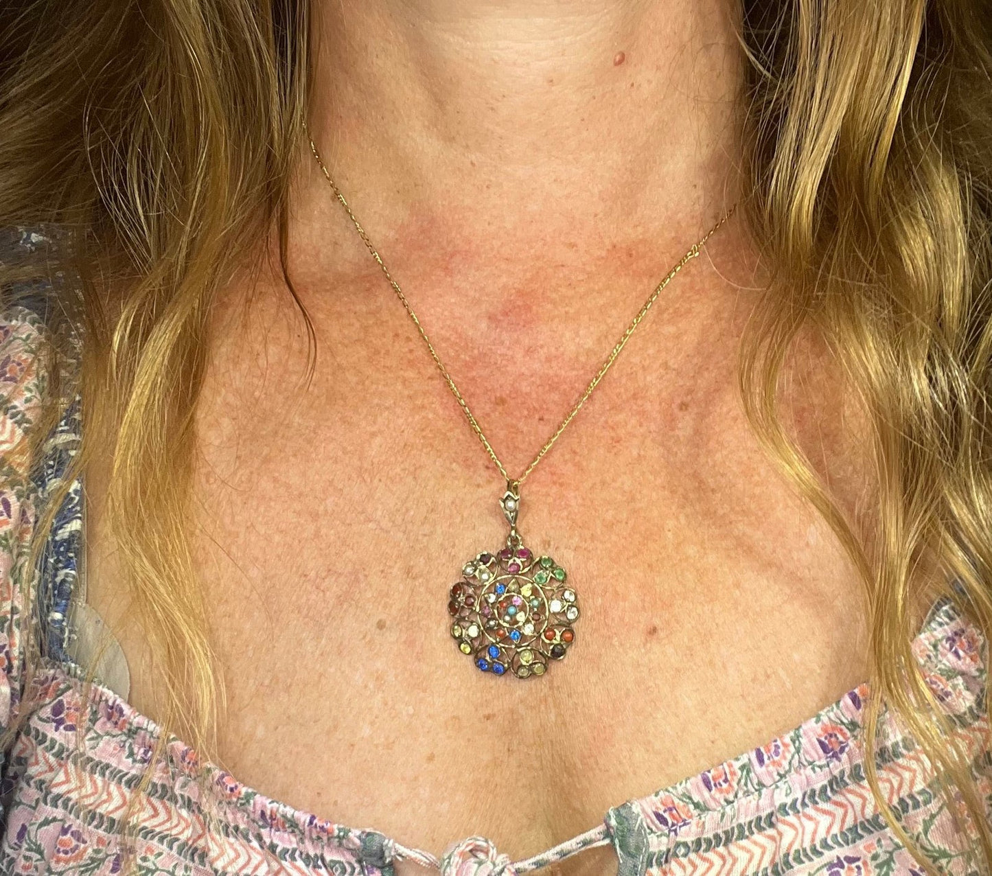 10k Gold Navaratna Mandala Pendant. 2" Natural + Lab Multi-Gems