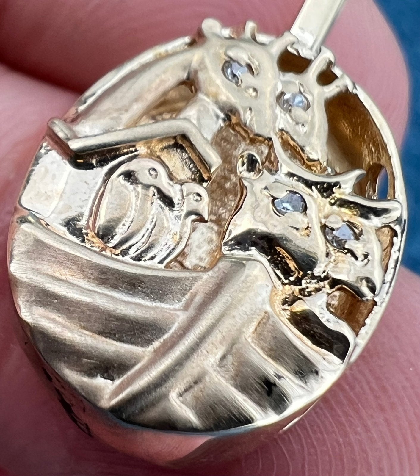 10k Gold Noah's Ark Pendant w Diamond Eyes. Giraffes Penguins Ox