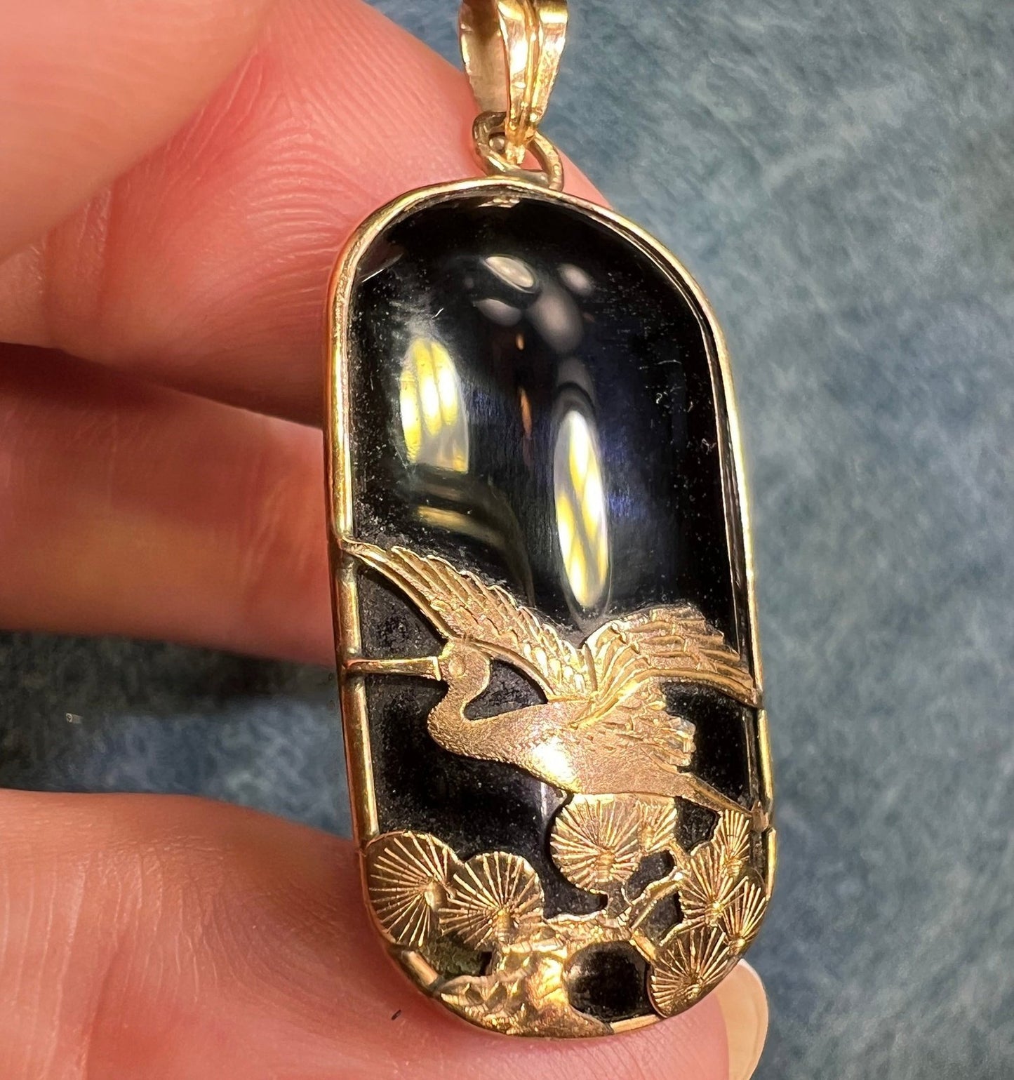 10k Gold Onyx Pendant w Japanese Crane in Katsura Tree