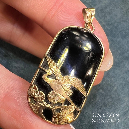 10k Gold Onyx Pendant w Japanese Crane in Katsura Tree