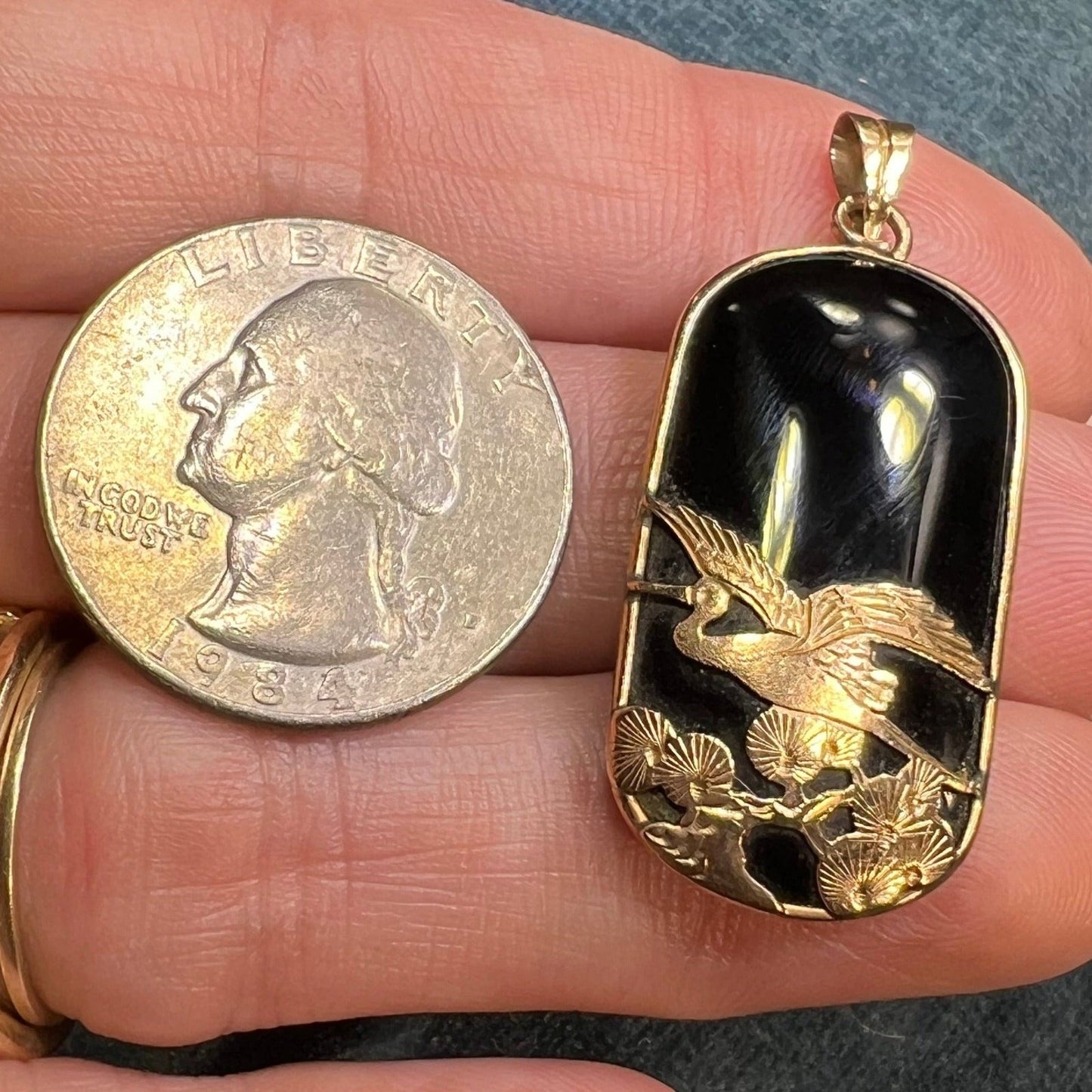 10k Gold Onyx Pendant w Japanese Crane in Katsura Tree